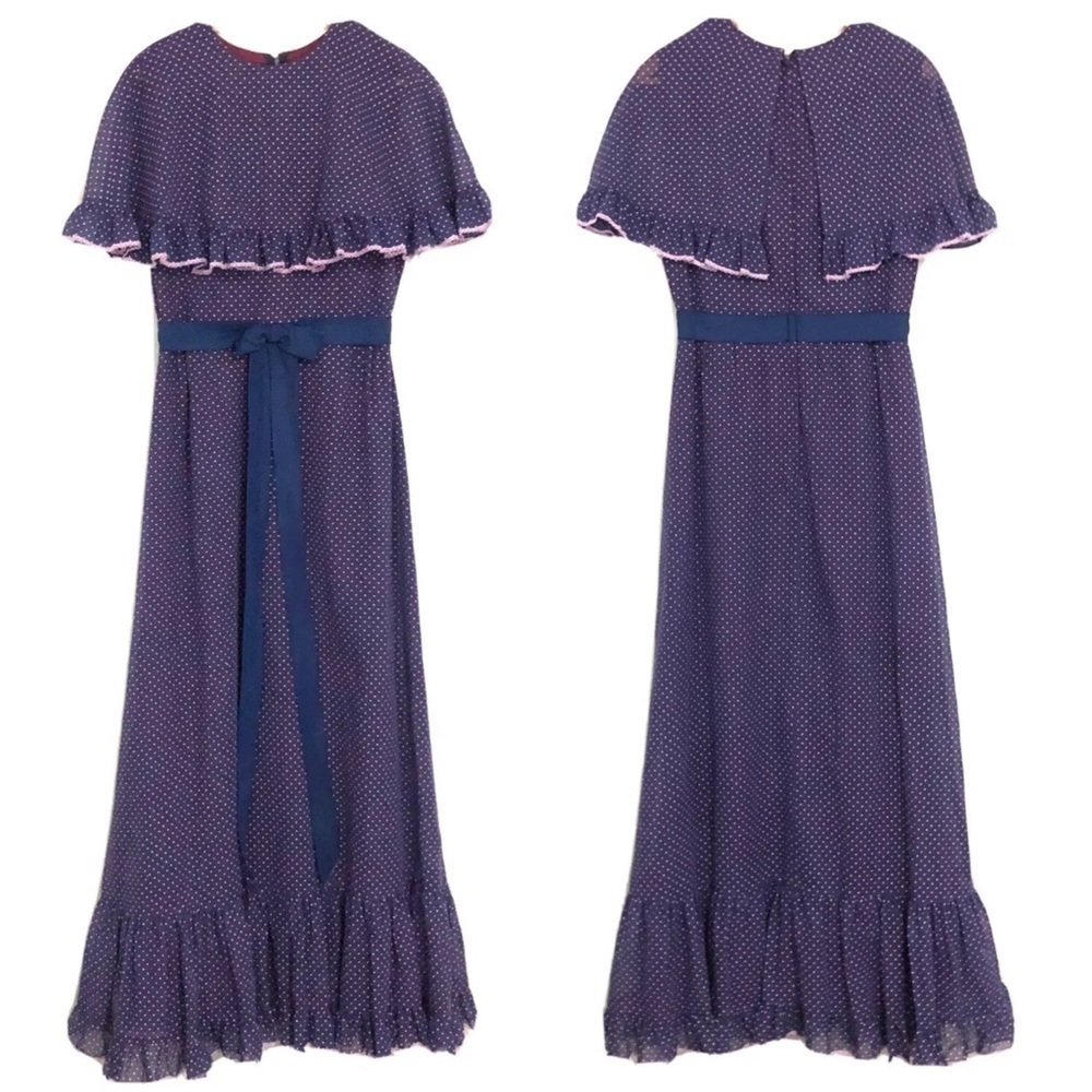 Vtg Miss Elliette Capelet Maxi Dress Navy Blue Indigo Polka Dot Women's 14